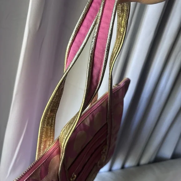 VTG Coach Pink Poppy Signature C Glam Tote Metallic Gold Trim Handbag Y2K - Picture 5 of 9